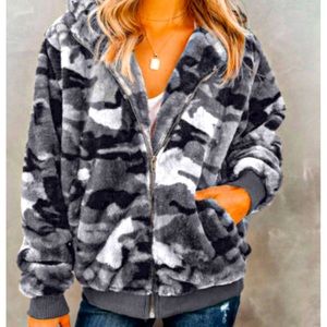 Gray camo hooded  fleece coat / jacket